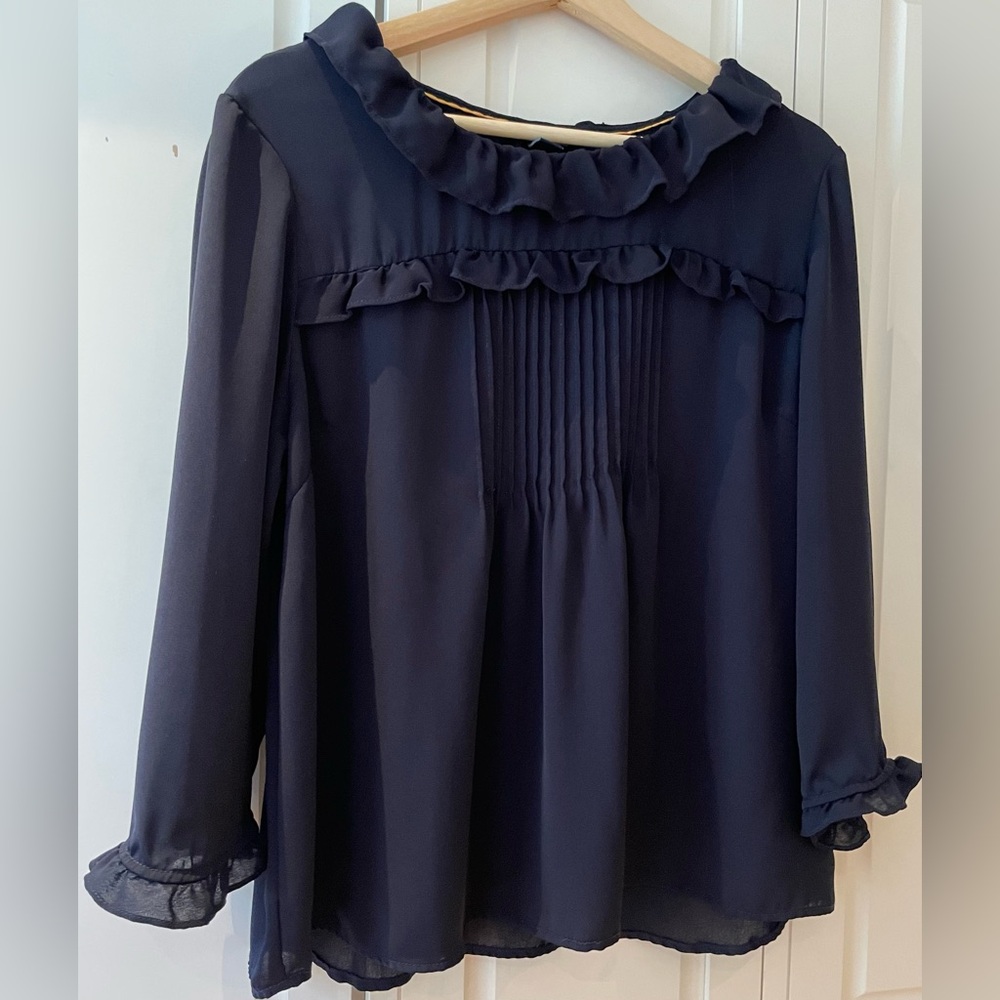 Tommy Hilfiger  Women’s Navy Sheer + Ruffle Blouse Size XL